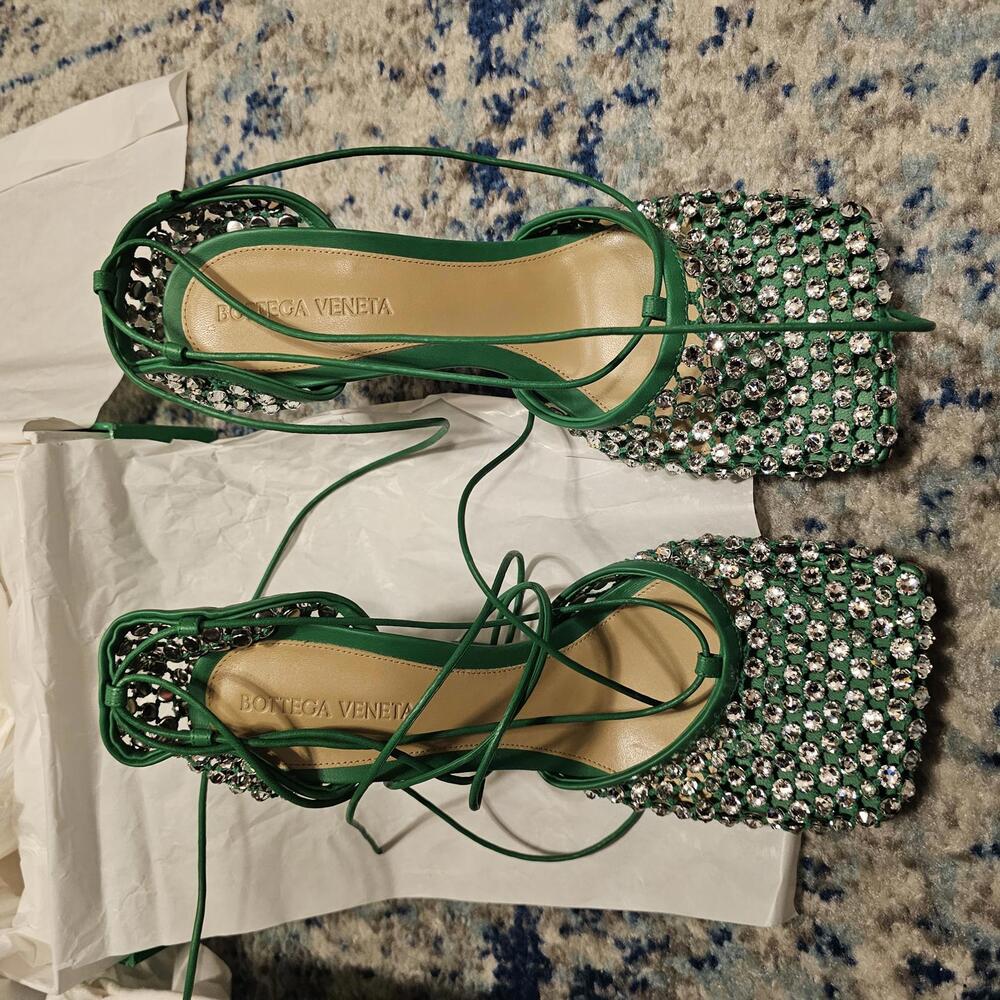 New Bottega Veneta Green Parakeet Crystal Embellished Sparkle Stretch sz 38